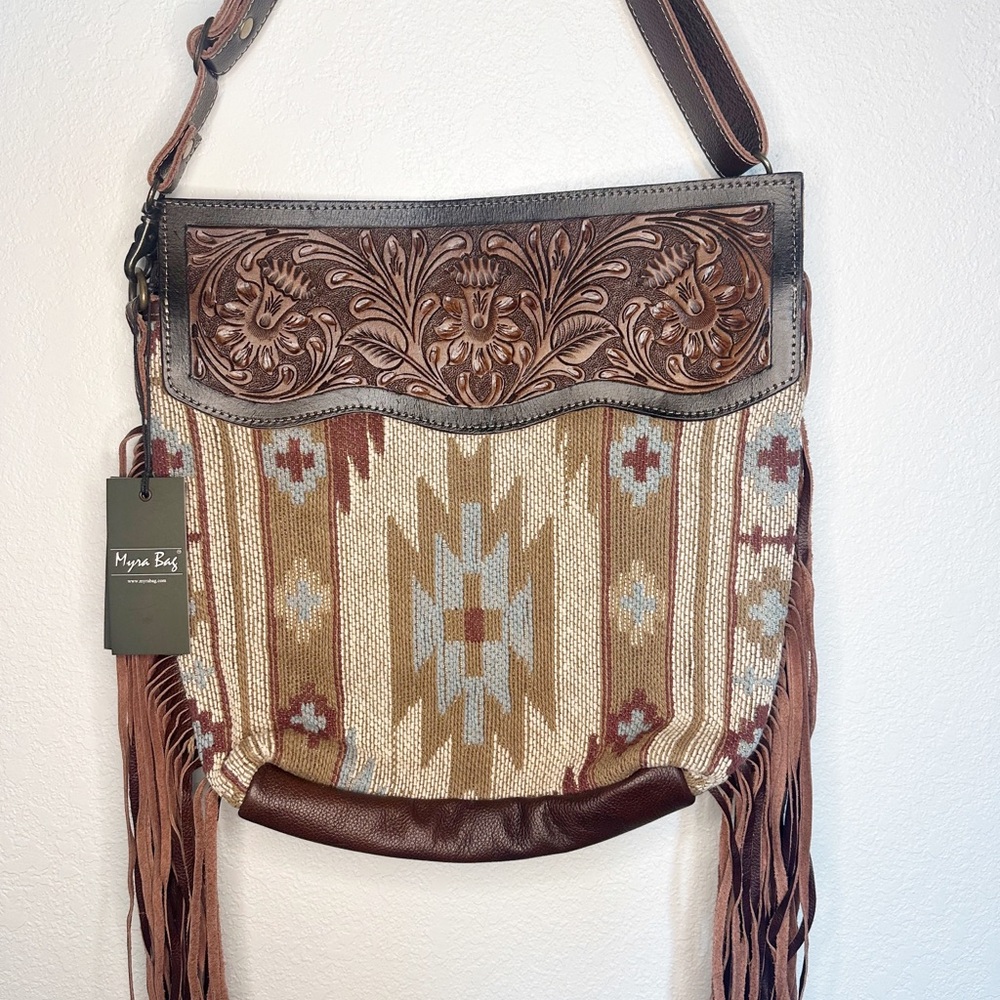 Tooled Leather Western Fringe Aztec Patterned Purse - Picture 3 of 6